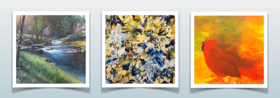 Three pieces of art: one forest landscape, one blue and yellow abstract, and one of a red cardinal